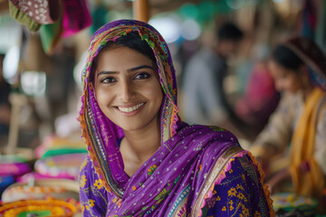 Fototapeta premium Rural woman smiling while working with other woman at work place
