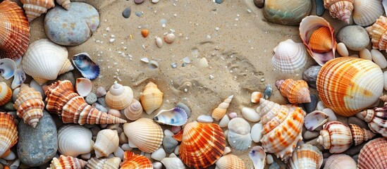 Obraz premium Sandy beach adorned with diverse seashells and stones offering copy space image