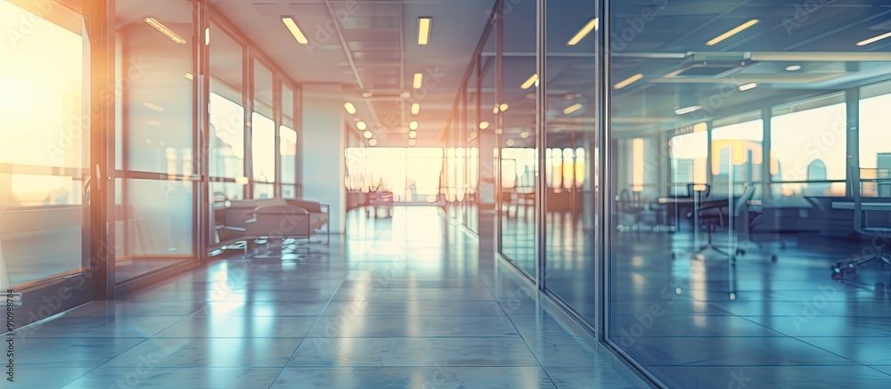 Aufkleber Copy space image of a blurred abstract view in an empty office with glass windows for background