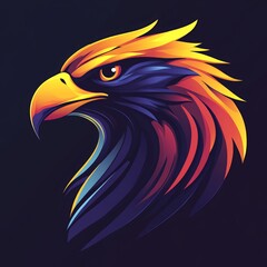 Obraz premium Stylized vector illustration of a colorful eagle head on dark background, showcasing vibrant gradient feathers and sharp details.