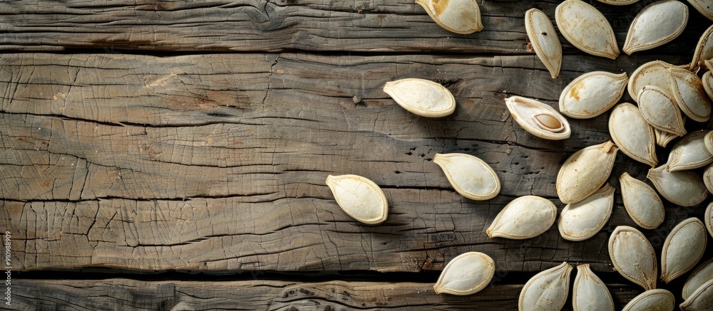 Poster An array of pumpkin seeds laid out on a vintage wooden table with ample copy space for text or design