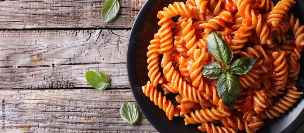 Aufkleber Top view of a vegetarian Italian dish on the menu concept featuring rotini pasta in tomato sauce with a background suitable for text in a copy space image