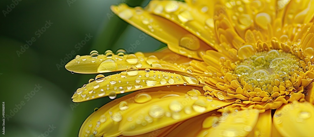 Poster close up photo of raindrops on a yellow gerbera flower with a copy space image captured in spring af