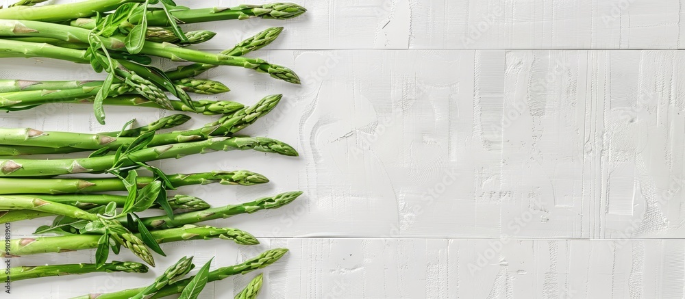 Poster top view of fresh asparagus against a white wooden backdrop with plenty of copy space image