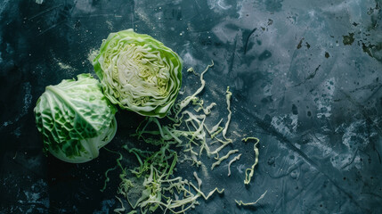 Obraz premium Shredded cabbage and a half head of cabbage sit on a dark, textured background, highlighting their fresh, crisp quality.