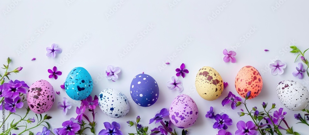 Poster colorful easter eggs and phlox flowers on a white background with a copy space image for creating bo