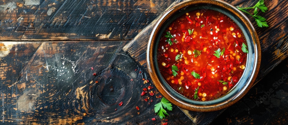 Poster a top down view of a bowl of spicy chili sauce on a wooden table with room for text alongside the im