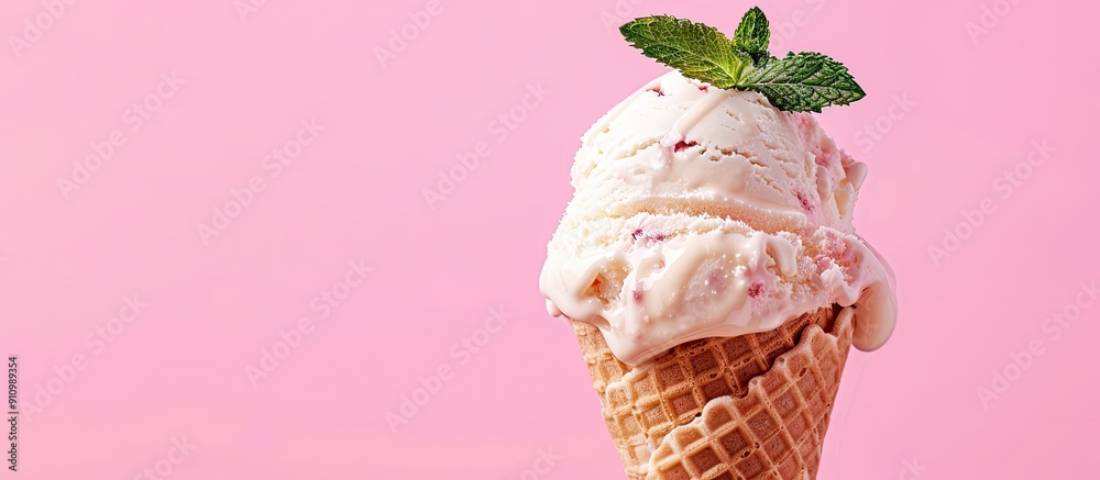 Poster Pink background sets the stage for a flat composition featuring a vanilla ice cream cone adorned with mint creating an inviting copy space image