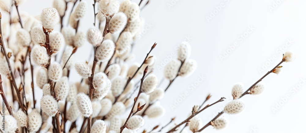 Poster easter themed bouquet of pussy willow twigs on a white background with copy space image isolated in 