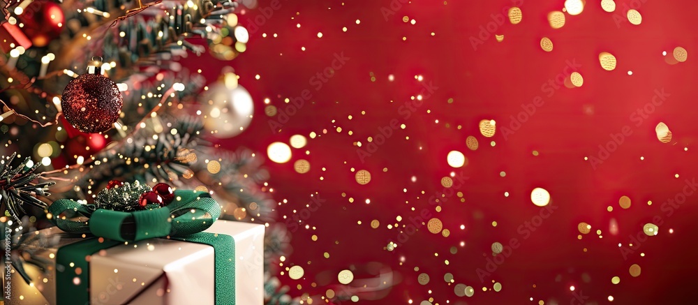 Fototapete Elegant winter themed image with a golden tree a white gift box adorned with a green bow red baubles sparkling lights and a dark red backdrop for text placement. copy space available