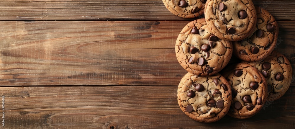 Aufkleber chocolate chip cookies displayed on a wooden table with copy space image