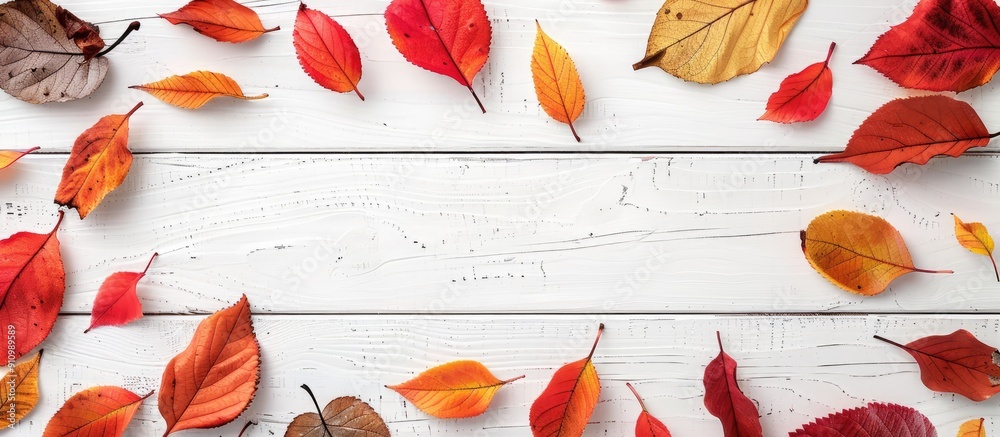 Aufkleber Autumn leaves frame text on white wood backdrop with copy space image