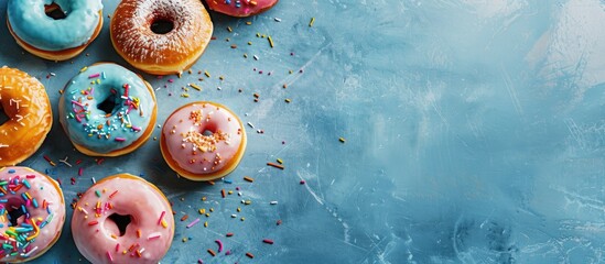Colorful glazed doughnuts on a blue concrete surface top view with ample copy space image