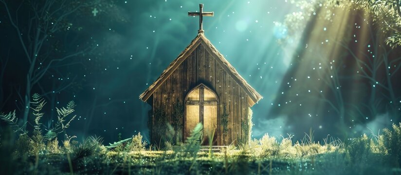 An image with a wooden church as the backdrop symbolizes Christian faith with elements like crosses and Jesus Christ fostering worship community and spiritual growth Ideal for church related content