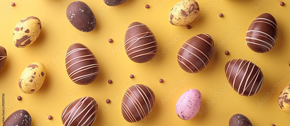 Poster top view of easter chocolate eggs candy on a soft yellow backdrop an imaginative flat lay concept wi