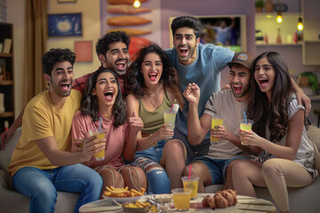 A group of young Indian friends celebrating together, watching sports on TV and cheering with drinks in their hands at home