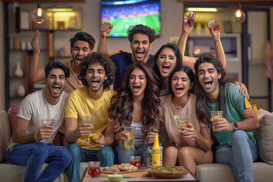 A group of young Indian friends celebrating together, watching sports on TV and cheering with drinks in their hands at home - Powered by Adobe