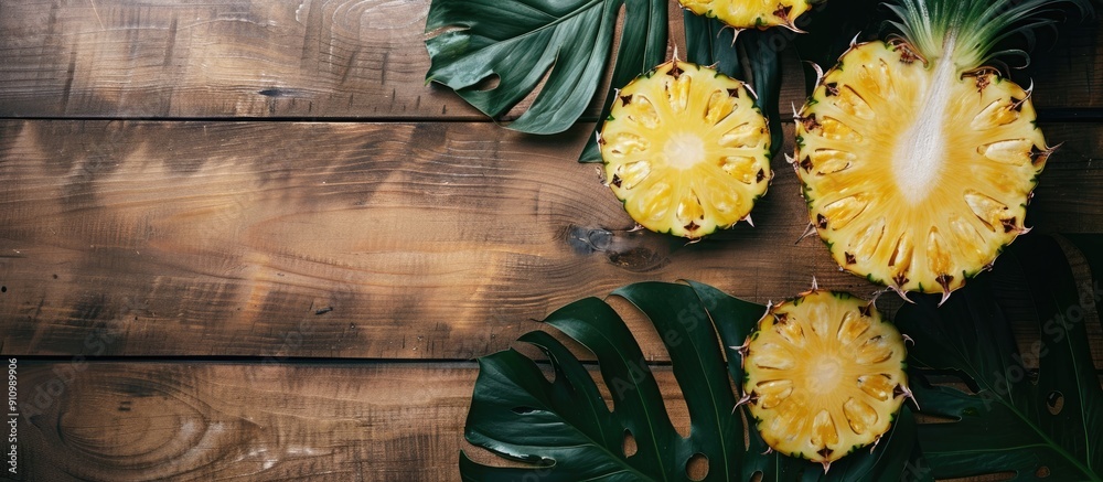Poster pineapple halves and tropical leaf on wooden backdrop with copy space image