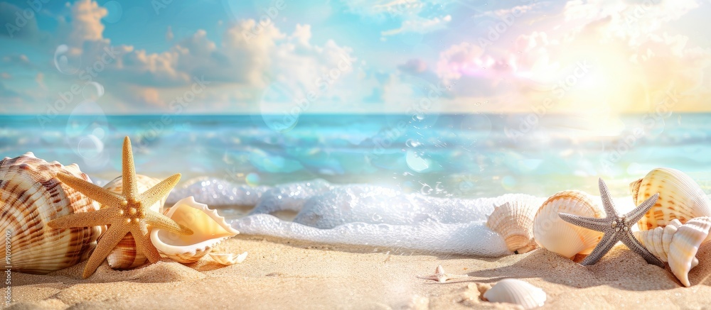 Poster tranquil beach scene with seashells starfish on sandy ocean backdrop ideal for summer sale with copy