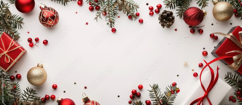 Aufkleber Festive red and gold glass ornaments fir tree branches decorations and gifts elegantly displayed on a white background creating a frame for your well wishes with copy space image