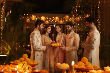 indian man and women in party dress, with one indian woman holding plate of laddu food , smiling at each other