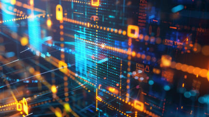 A vivid digital landscape illustrating cybersecurity with glowing data streams, network patterns, and padlock icons against a dark tech background.