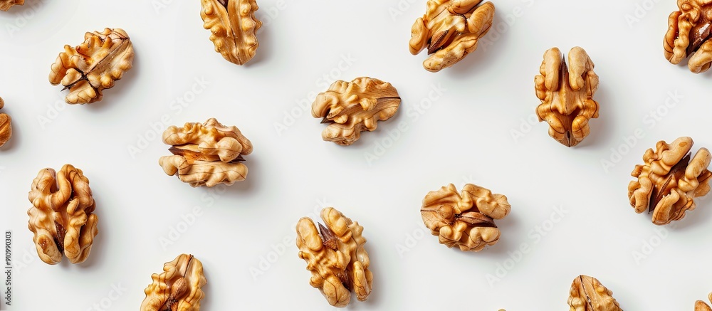 Poster Top down view of a unique background featuring walnut kernels on a white backdrop with ample space for additional content in the image