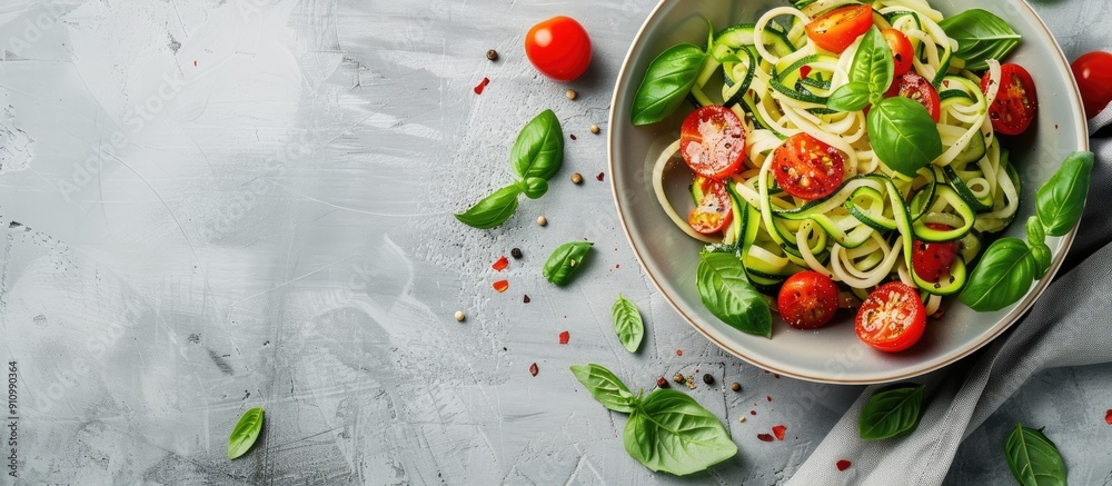 Poster closeup of tasty zucchini pasta with cherry tomatoes and basil on a light grey table with copy space