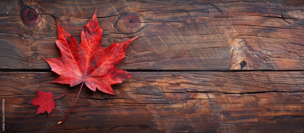 Poster autumnal red maple leaf on wood table with available copy space image
