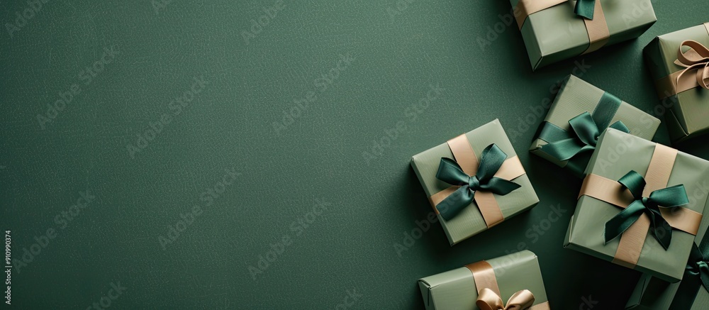 Aufkleber gift boxes arranged elegantly on a textured green backdrop perfect for a copy space image