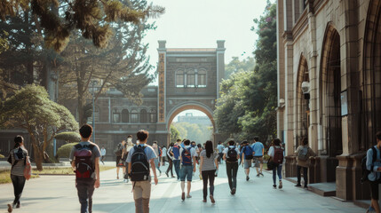 Students walk through a picturesque university campus, with sunlight filtering through trees, highlighting the architectural beauty and vibrant student life.