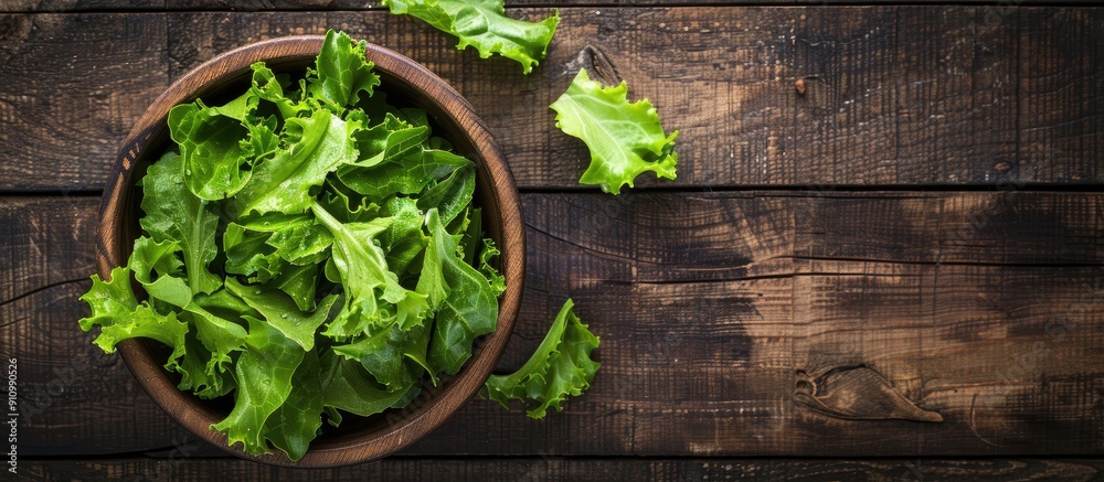 Poster Top down view of a fresh green lettuce salad on a rustic wooden table Ideal for text placement Healthy dietary option with copy space image