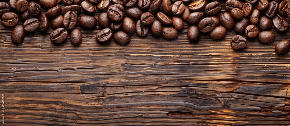 Poster Coffee beans displayed on a rustic wooden table with copy space image available