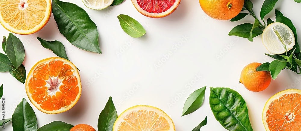 Poster Top view of various citrus fruits with fresh leaves on a white backdrop offering space for text in the image. copy space available
