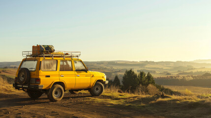 A vibrant yellow SUV equipped for adventure sits parked on a dirt road overlooking rolling hills bathed in golden evening light.