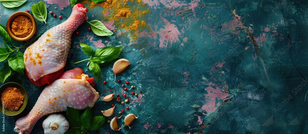 Poster raw chicken leg with flavorings and turmeric on a copy space image