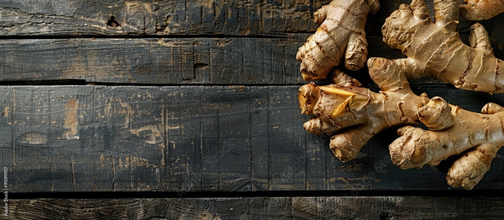 Poster ginger roots on a dark wooden backdrop with copy space image