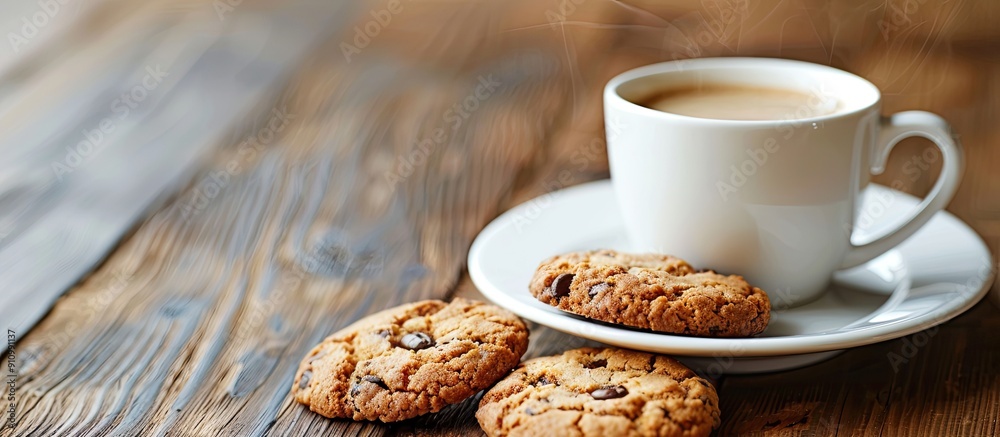 Aufkleber On a wooden table a white cup of coffee and cookies are displayed with room for text or other elements in the background known as copy space image