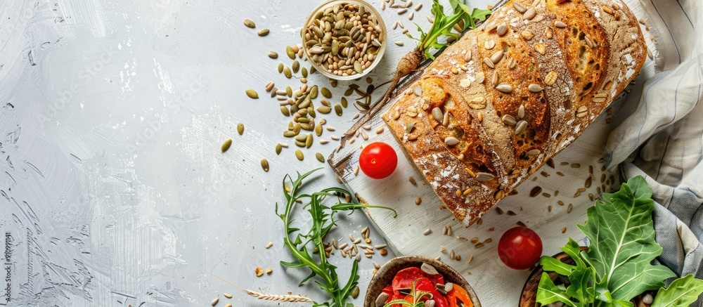Poster Whole grain bread complemented by sunflower seeds and fresh vegetables on a white rustic table creating an inviting and appetizing copy space image