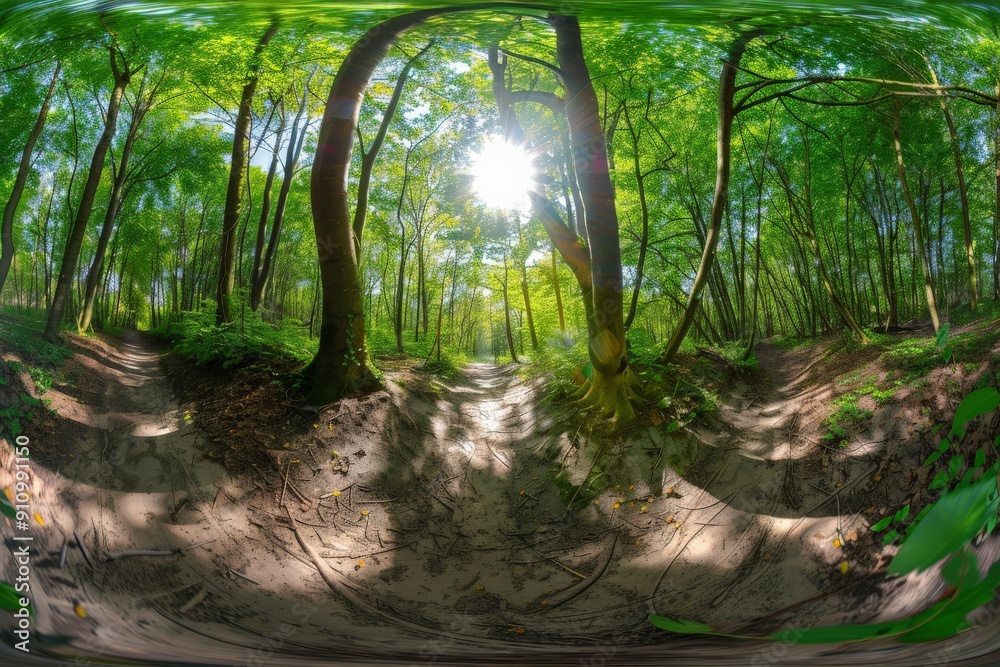 Poster A lush forest scene with tall trees and vibrant greenery, where sun rays filter through the dense foliage, creating a magical play of light and shadows on the forest floor.