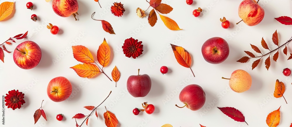 Poster flat lay arrangement showcasing vibrant autumn leaves flowers and small red apples on a white backdr