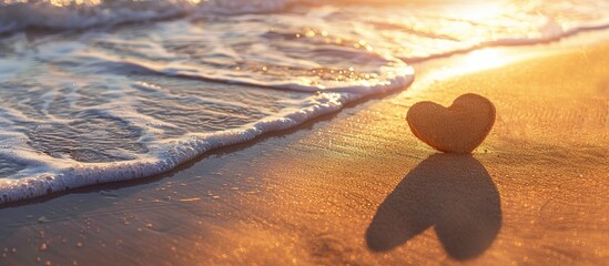 A beach with heart shaped sand gentle waves and a romantic ambience resembles a Valentine s Day copy space image