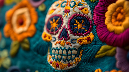 Close-up of a vividly embroidered skeleton adorned with colorful flowers, capturing the artistic essence of Día de Muertos in soft focus, banner with copy space