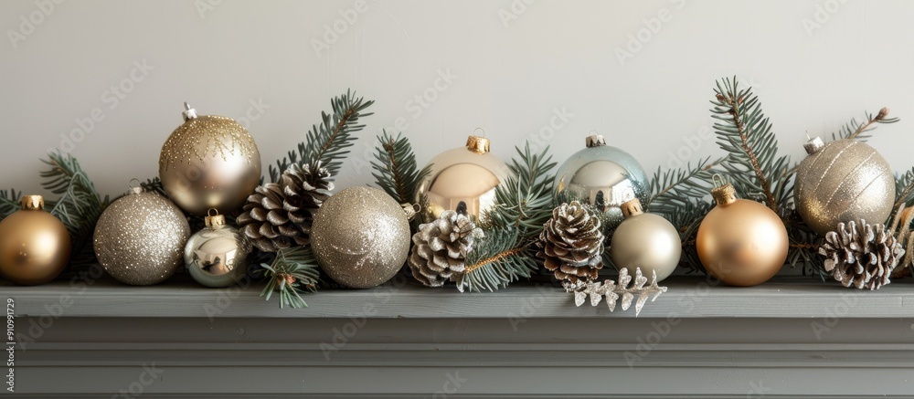 Fototapete a spruce branch on the mantelpiece holds golden and silver christmas ornaments and balls creating a 