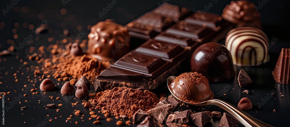 Poster various chocolate candies and broken pieces along with a spoon dusted in cocoa powder arranged on a 