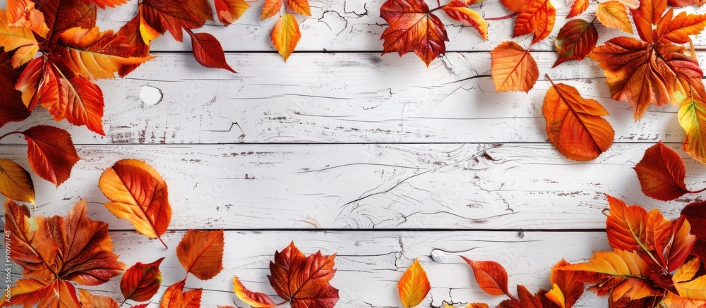Poster autumn leaves frame text on white wood backdrop with copy space image