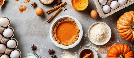 A top down view of the ingredients for pumpkin pie including flour pumpkins eggs cane sugar spices and a white baking dish on a gray background with room for text or an image. copy space available