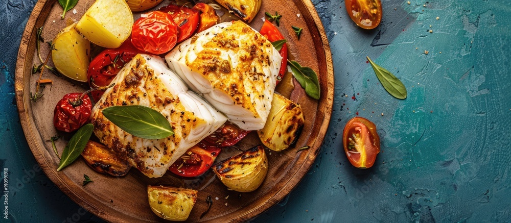 Poster top view of a wooden plate serving baked halibut with roasted tomato and potato on a blue background