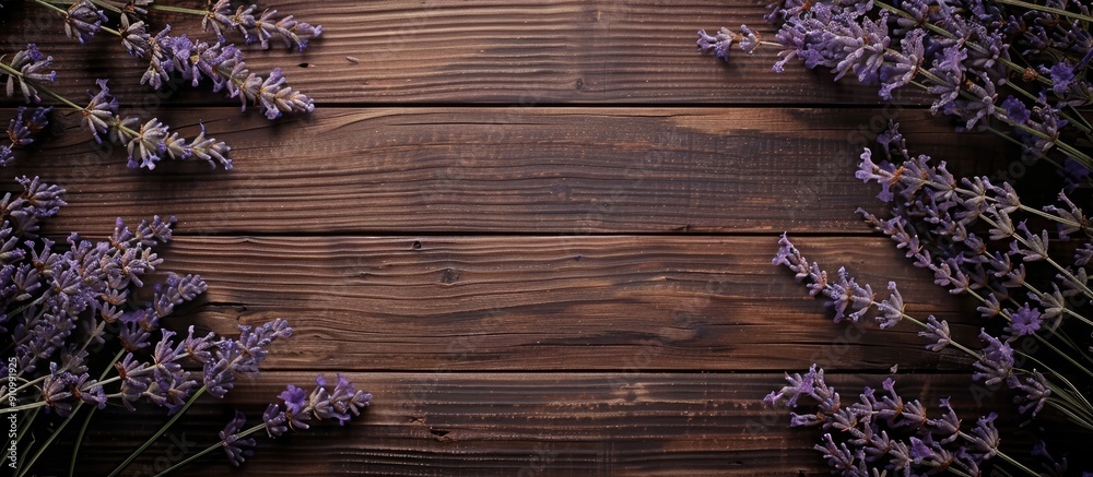 Poster Top view of a lovely display with preserved lavender flowers on wooden table ideal for adding text in the copy space image