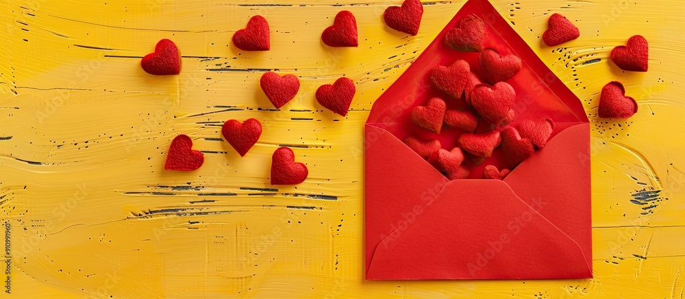 Aufkleber Greeting card with small red hearts on a yellow backdrop in a red envelope suitable for a personalized message with copy space image